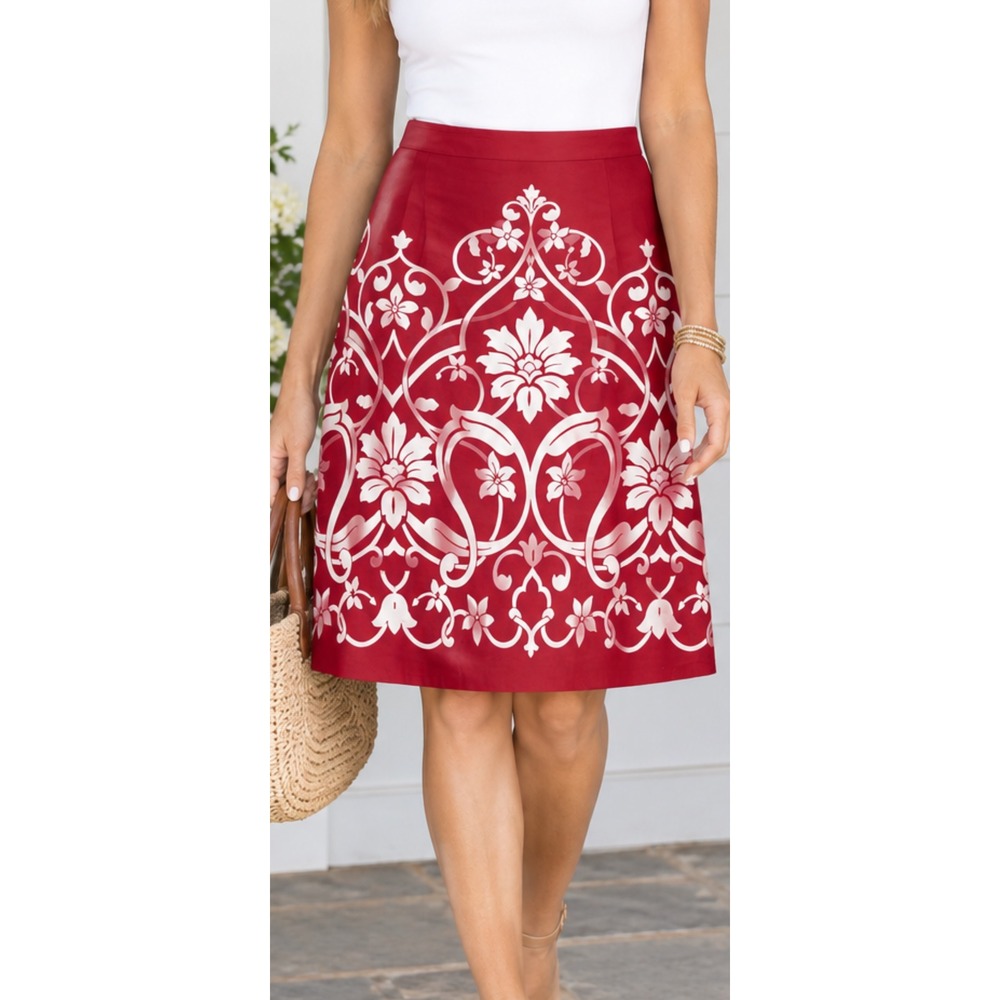 Ann Taylor LOFT Red White Floral Damask Cotton A-Line Skirt Size 12